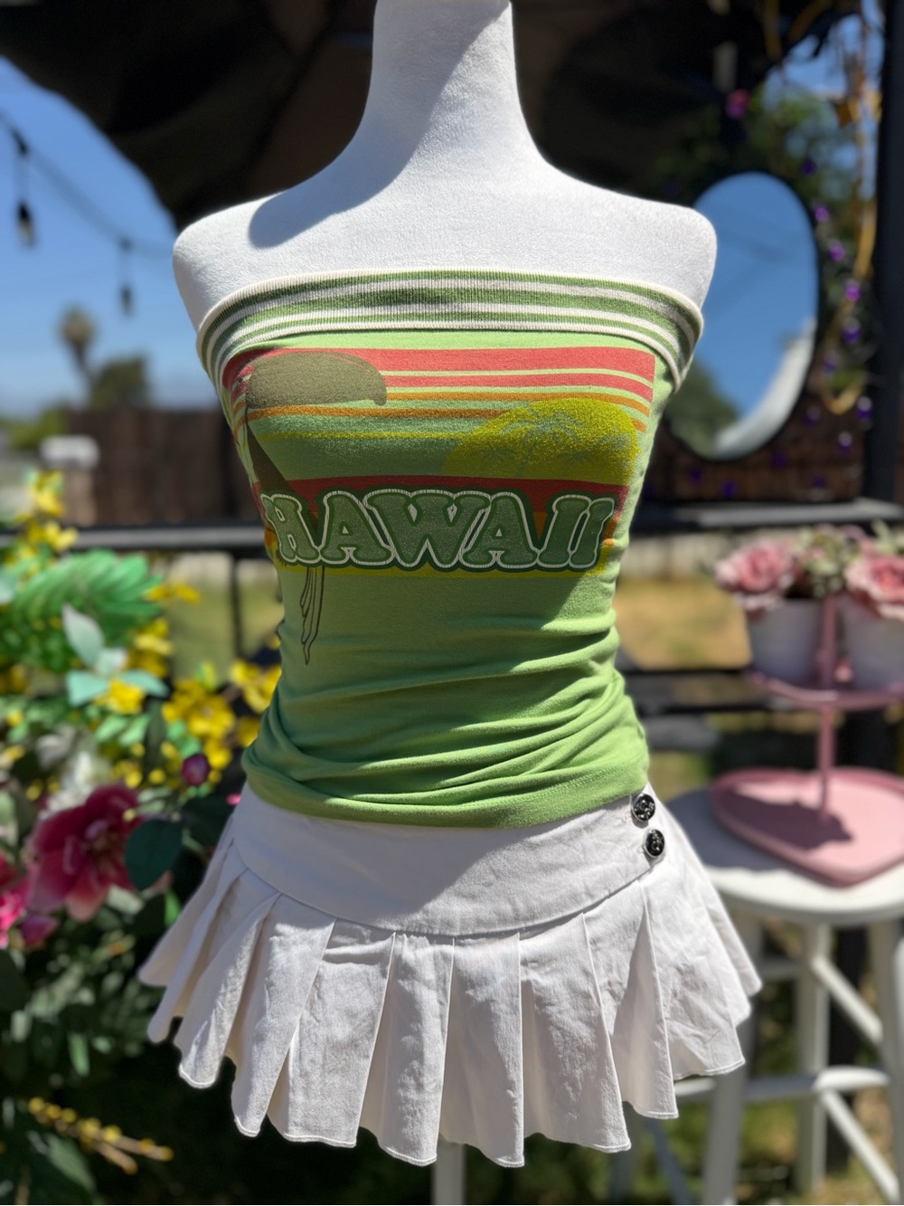 Set Y2K Hawaii Print Strapless Tube Top - Green top S Skirt M